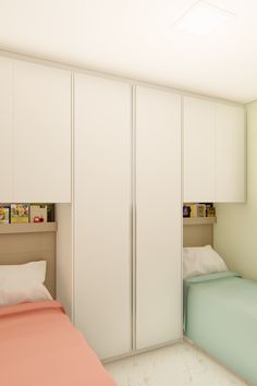 a bed sitting next to a closet in a bedroom