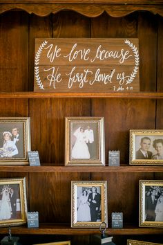 the wedding photos are displayed on the shelf