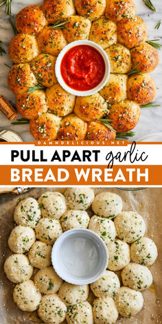 Serve this garlic bread wreath! Soft and pillowy with all the garlic butter goodness, these bread bites are an easy Christmas side dish everyone will enjoy. Put this pull apart bread recipe on your Thanksgiving dinner menu first! Dairy Free Pull Apart Bread, Pizza Dough Bites Pull Apart, Pull Apart Bread Appetizer Recipes, Garlic Bread Bites Pull Apart, Pull Apart Garlic Knots, Appetizer Recipes Bread, Pull Apart Wreath Bread, Garlic Bread Wreath, Pizza Dough Pull Apart Bread