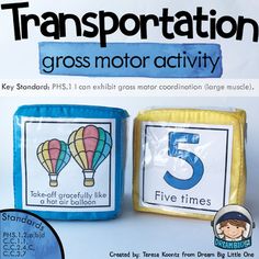 an advertisement for transportation gross motor activity with three hot air balloons and the number five