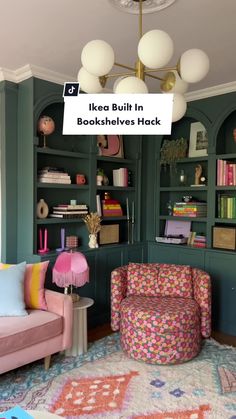 a living room filled with furniture and bookshelves