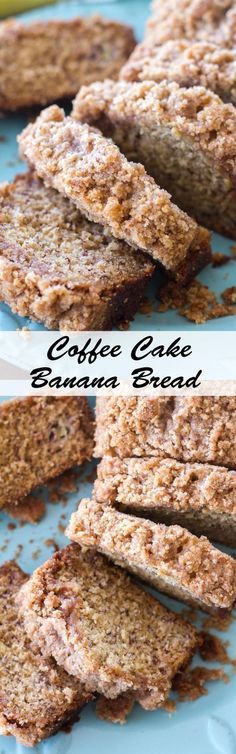 coffee cake banana bread on a blue plate with bananas in the background and text overlay that reads coffee cake banana bread