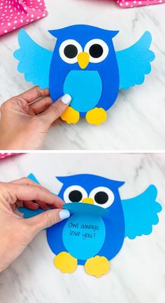 someone is making an owl craft out of construction paper and then it's cut out