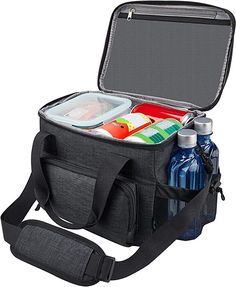 an open cooler bag filled with drinks and water bottles on a white backgroud