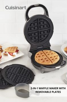 the waffle maker with removable plates is ready to be used for desserts