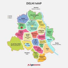 a map of delhi with all the major cities and their respective roads in colorful colors