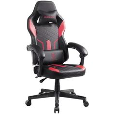 a black and red office chair with wheels on the bottom, in front of a white background