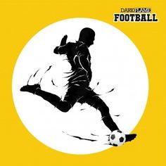 a man kicking a soccer ball in front of a yellow background with the words football on it