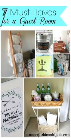 several pictures with the words must haves for a guest room on them, and there are