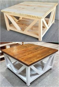 two different pictures of a coffee table made out of pallet wood and white paint