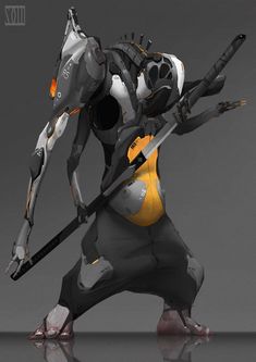 an animated image of a robot holding two swords