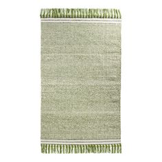 a green and white rug with fringes on the bottom, in front of a white background