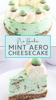 no bake mint aero cheesecake on a white plate with the title above it