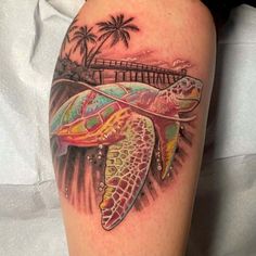 a colorful turtle tattoo on the arm with palm trees and bridge in the back ground