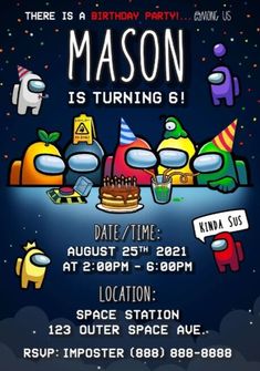 a birthday party flyer with cartoon characters and space shuttles on the side, including an astronaut