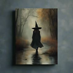 a painting of a wizard walking in the rain