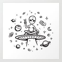 an alien sitting on top of a flying saucer surrounded by planets and other objects