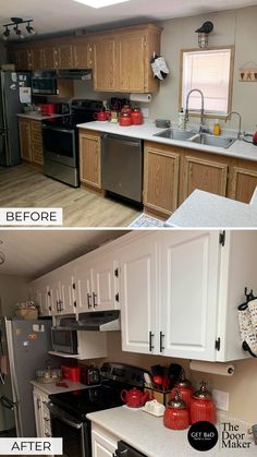 before and after pictures of a kitchen remodel with white cabinets, black appliances, and wood flooring