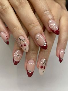 #fashion #trendy #girl #cute #outfit Red Almond Shape Nails Designs, Red Homecoming Nails Almond, Red Cherry Nails Design, Almond Nails Designs Cherry, Red Nail Designs Cherry, Almond Nails Cherry Red, Cherry Gel Nails Short, Cherry Red Nail Ideas, Red Nails French Tip Almond