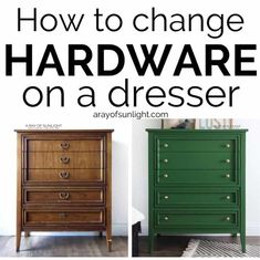 three different dressers with the words how to change hardware on a dresser in black and white