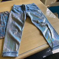 Metallic Loose Fitting Distressed Chic New Trend Denim Soft Non Stretchy Moto Jeans, Jeans Fabric, Jean Overalls, Tapered Jeans, New Trend, Metallic Colors, Cut Jeans, Newest Trends, New Trends