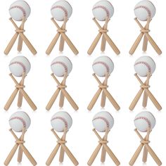 twelve baseballs on wooden sticks with white background