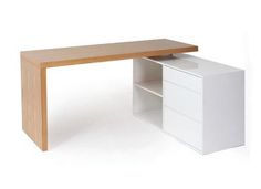 a white desk with a wooden top and drawers