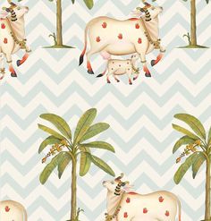 a cow and calf are standing in front of palm trees on a chevron blue background