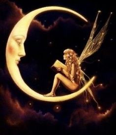 a fairy sitting on the moon reading a book