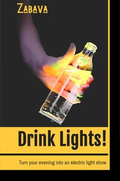 a poster with the words drink lights written in black and yellow, on a dark background