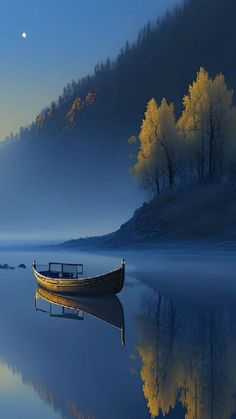 a boat floating on top of a lake next to a forest covered hillside under a full moon