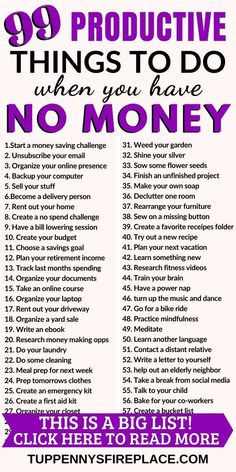 a purple and white poster with the words 99 products to do when you have no money