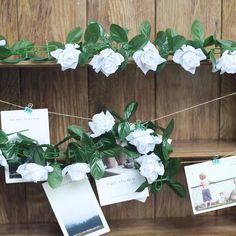 some white flowers are hanging on a clothes line with pictures attached to the pegs