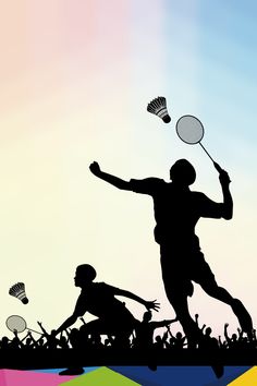 the silhouettes of two people playing badminton in front of a rainbow colored sky and grass