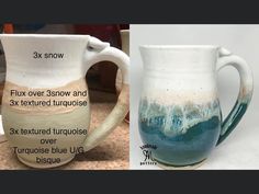 two mugs with different types of paint on them, one is white and the other is blue