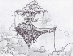 a pencil drawing of a tree sitting on the edge of a cliff with bubbles floating around it