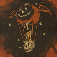 an orange and black drawing of a skull in a hot air balloon