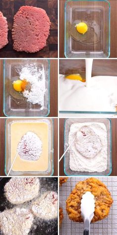 the process for making hamburger patties is shown in pictures including flour, eggs and other ingredients