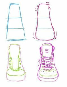 four different shoes are shown in the same drawing style, each with their own shoelaces