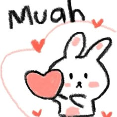 a drawing of a rabbit holding a heart with the word muah on it's chest