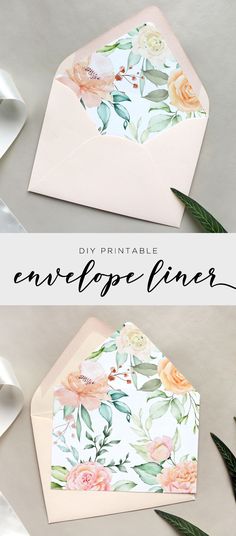 two envelopes with flowers on them and the words diy printable envelope liner