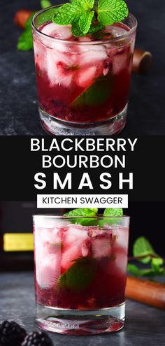 blackberry bourbon smash in a glass with mint garnish