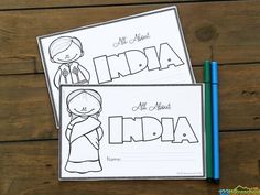 two coloring pages with the words india and an image of a man and woman on them