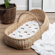 a wicker bassinet next to a potted plant on a wooden floor