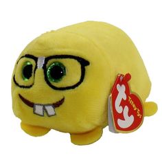 a yellow stuffed animal with glasses and a tag on it's ear, in front of a white background