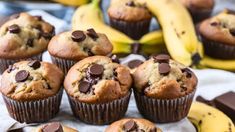 chocolate chip muffins with bananas on the side