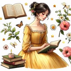 a woman in a yellow dress reading a book with flowers and butterflies around her head