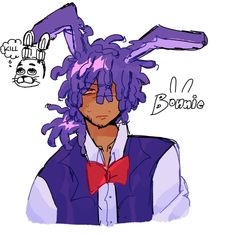 a drawing of a man with purple hair wearing a bow tie and bunny ears on his head