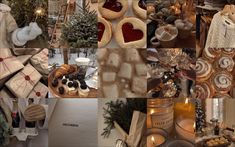 a collage of photos with christmas decorations and cookies on display in front of the window