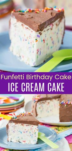 a slice of ice cream cake with sprinkles on it and the words funfetti birthday cake